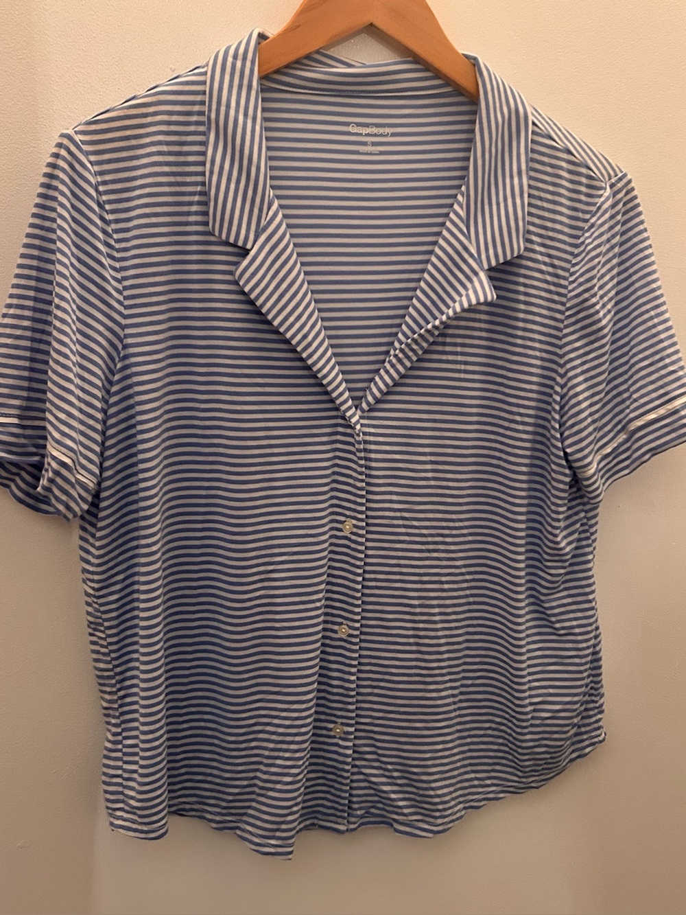 Striped Short-Sleeve Button-Down Shirt in Blue and White
